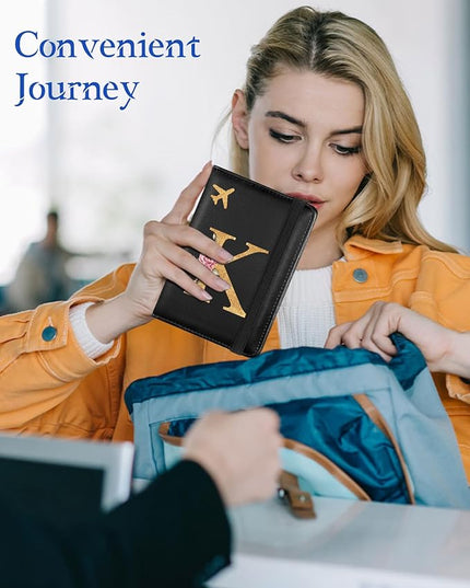 Slohif Initial Passport Holder Cover Wallet Case for Travel Women - Leather Letter Passport Book Family Multiple Personalized Organizer Slim Carrier Card Slots Protector Sleeve Essentials Black K