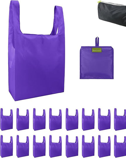 BeeGreen Purple Reusable Grocery Bags Wholesale Purple Reusable Kitchen Bags Bulk Foldable-Machine Washable with Zipper Storage Pouch 20 Packs
