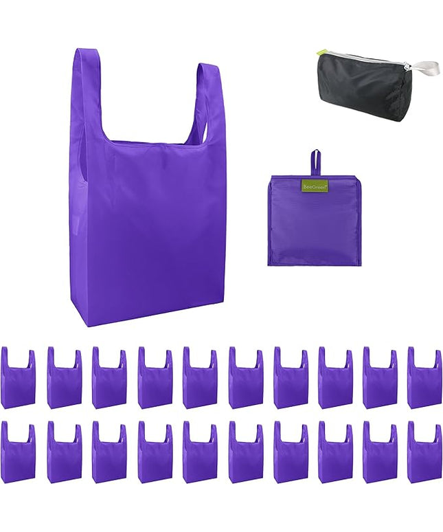 BeeGreen Purple Reusable Grocery Bags Wholesale Purple Reusable Kitchen Bags Bulk Foldable-Machine Washable with Zipper Storage Pouch 20 Packs