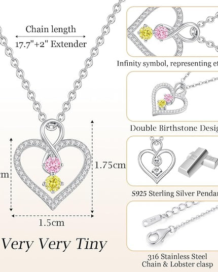 LOUISA SECRET Infinity Double Birthstone Necklace, 925 Sterling Silver Tiny Pendant Heart Necklace for Women Wife Her, Best Jewelry Gift Heart Jewelry Meaningful Gift for Valentine's Day, Christmas, Birthday Anniversary