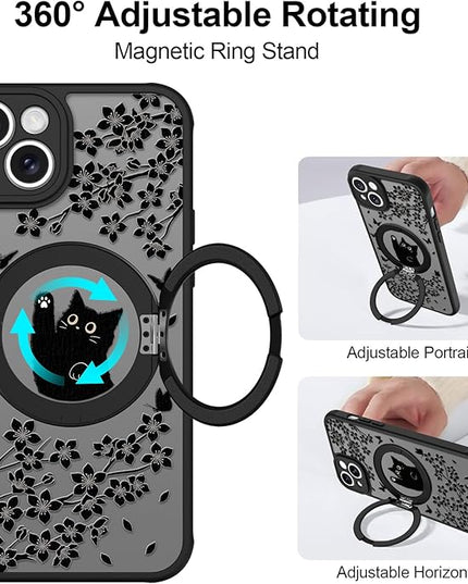 Cute Case for iPhone 13 Case with Stand [ Compatible with MagSafe ] Kawaii Black Cat & Floral & Butterflies Pattern Design 360 Magnetic Ring Kickstand Phone Cover for Women Girls Boys
