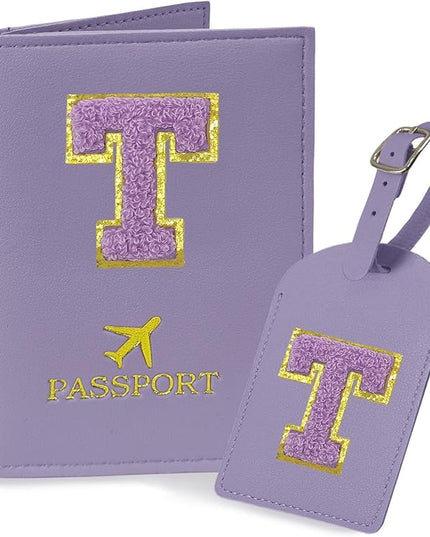 COSHAYSOO Initial Passport Cover Luggage Tag Set Letter Passport Holder Airplane Cruise Travel Essentials Vacation Traveling Accessories Personalized Gifts for Women Teen College Girls Purple T
