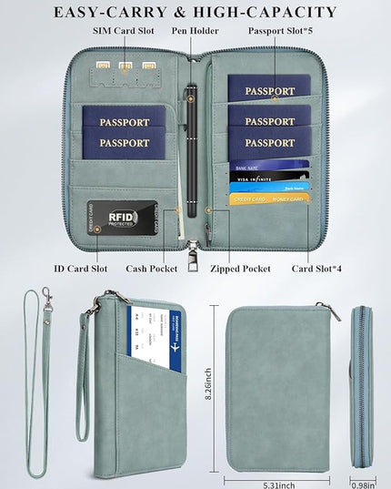 Family Passport Holder Wallet RFID Travel Document Organizer for Women Men, Portable Case Cover for Cards, Boarding Pass with Wrist & Neck Strap, Airtag Pocket, Travel Essentials Gifts (Blue, 1pack)