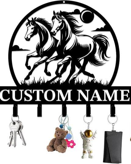 Personalized Custom Name Farm Horse Wall Key Hooks,Metal Horse Art Clothes Hooks,Metal Horse Wall Home Storage Decorative,For Front Door, Hallway, Kitchen, Bedroom,Keys,Hats (Style M)