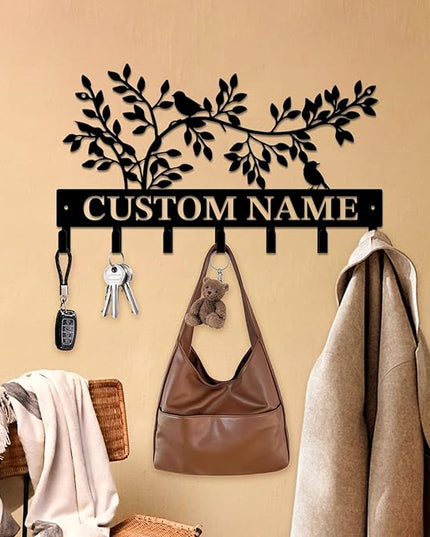 Personalized Custom Name Birds of Trees Wall Key Hooks,Metal Birds of Trees Art Clothes Hooks,Metal Birds of Trees Wall Home Storage Decorative,For Front Door, Hallway, Kitchen, Bedroom(Style A)