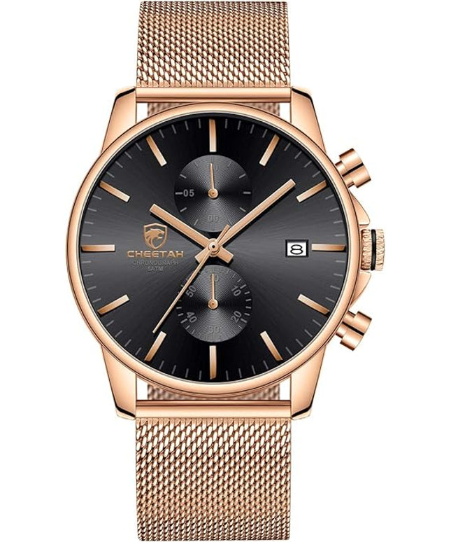 GOLDEN HOUR Mens Watch Fashion Sleek Minimalist Quartz Analog Mesh Stainless Steel Waterproof Chronograph Watches for Men with Auto Date