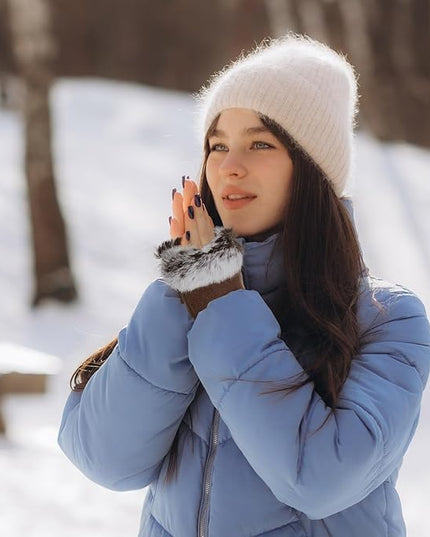 SATINIOR Women Fur Fingerless Gloves Winter Rabbit Fur Lined Half Finger Mittens for Women Girls Teen Working Writing