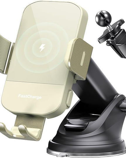 CHGeek Wireless Car Charger, 15W Fast Charging Auto Clamping Car Charger Phone Mount Phone Holder fit for iPhone 15 14 13 12 11 Pro Max Xs, Samsung Galaxy S25 Ultra S24 S23 S22, S21, S20, Khaki