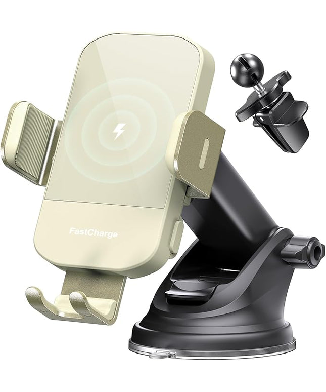 CHGeek Wireless Car Charger, 15W Fast Charging Auto Clamping Car Charger Phone Mount Phone Holder fit for iPhone 15 14 13 12 11 Pro Max Xs, Samsung Galaxy S25 Ultra S24 S23 S22, S21, S20, Khaki