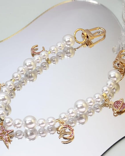 Pearl Beaded Phone Charm Wrist Strap,Cute Bracelet Wristlet Lanyard,Gold Double Chain for Phone Case,Purse Bag Wallet