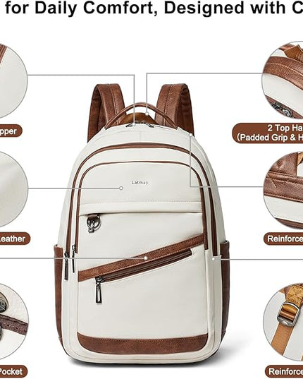 43L Backpack for Women Men - Vegan Leather Backpack Purse Travel Carry-on Bag College Bookbag Work fits 17" Laptop, Beige