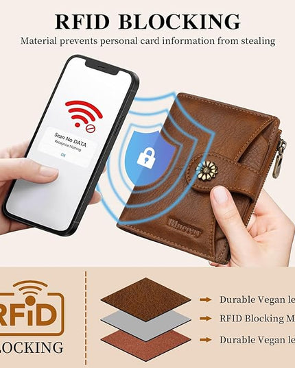 Blucoay Womens Wallet,RFID Blocking Wallet Women,Soft Leather Bifold Small Wallets For Women Card Holder With Removable ID Window darkbrown