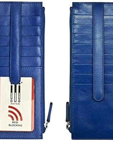 ili New York Long Double Sided Slim Wallet, RFID Blocking Card Holder with ID Window and Side Zip Pocket for Men and Women, Cobalt