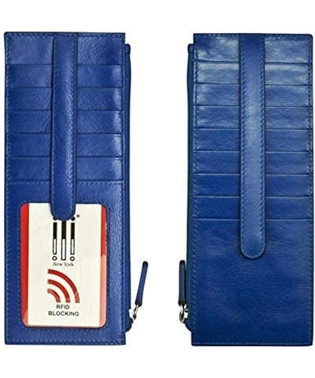 ili New York Long Double Sided Slim Wallet, RFID Blocking Card Holder with ID Window and Side Zip Pocket for Men and Women, Cobalt