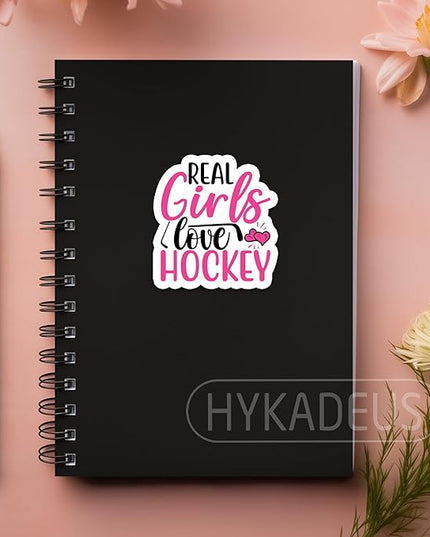 (3Pcs) Real Girls Love Hockey Pink Sticker Girls Hockey Stickers Waterproof Vinyl Decal for Books Laptops Phones Tumblers Water Bottles, Hockey Gifts For Teen Girls Team, Hockey Fan, Size 3 x 2.8 Inch