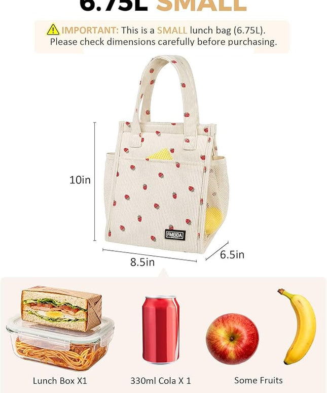 Fmeida Insulated Lunch Bag Women, 6.75L Small Lunch Bags with Multiple Pockets, Reusable Thermal Cooler Tote for Work, Office, Picnic, Travel | Hook and Loop Closure, Strawberry