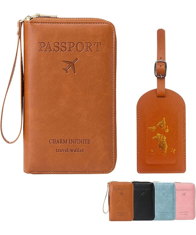 Multi-Functional RFID Passport Wallet Set, Blocking Passport Holder Travel Wallet, Holds Phones, Anti-Theft Protective Case with Multiple Card Pockets for Secure Travel Essentials (Brown)