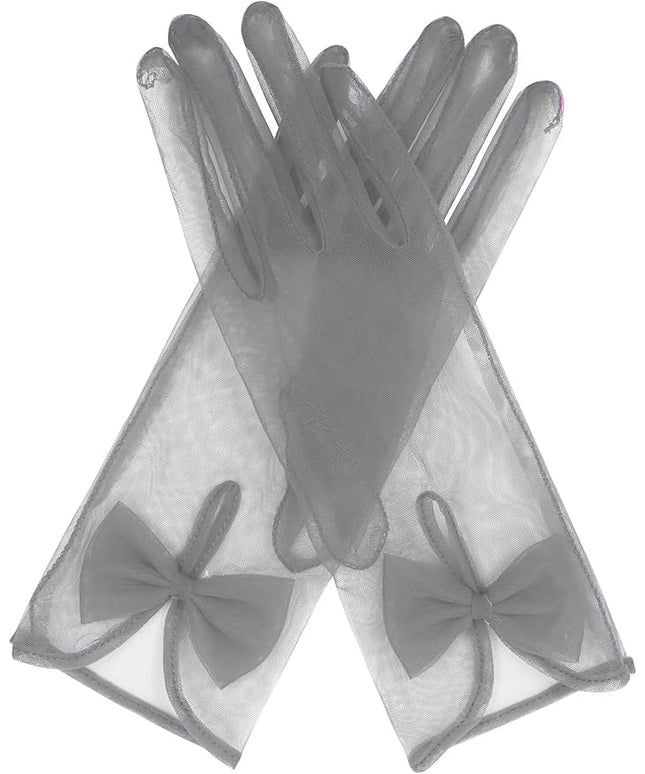 QRBTSCL Women's Short Tea Party Gloves Tulle Gloves with Bowknot Mesh Glove Wedding Bridesmaids Evening Party Glove