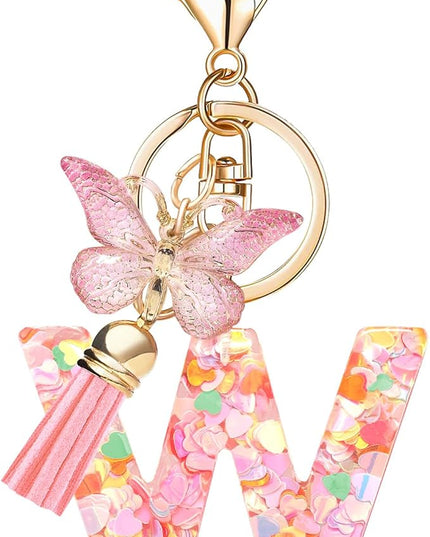 Fashion Alphabet Initial Letter Keychain Tassel Butterfly Pendant Key Ring for Purse Handbags Women Girl