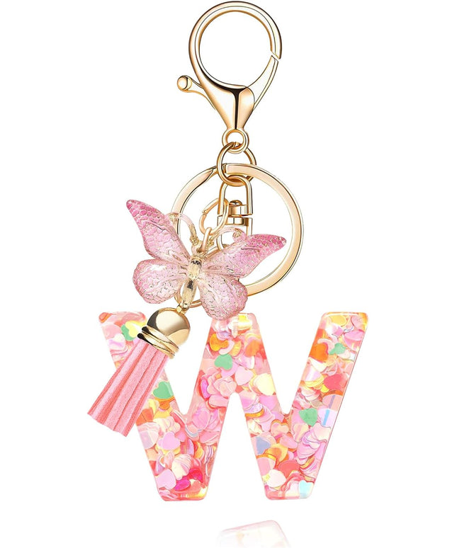 Fashion Alphabet Initial Letter Keychain Tassel Butterfly Pendant Key Ring for Purse Handbags Women Girl
