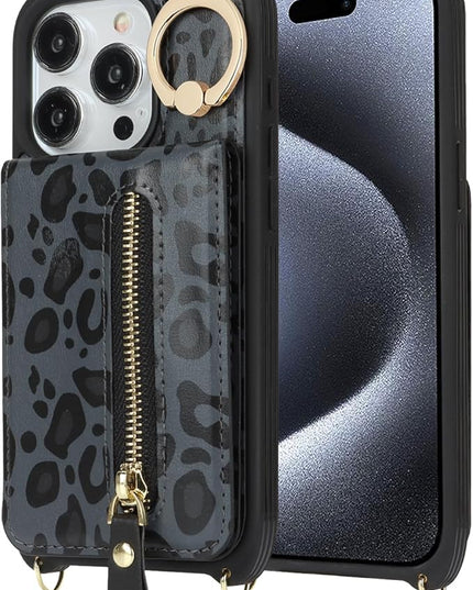 for iPhone 15 Pro Wallet Case with Card Holder, for iPhone 15 Pro Case Wallet with Strap Credit Card Slot, Crossbody Bag with Zipper Case for iPhone15 Pro - Black Leopard