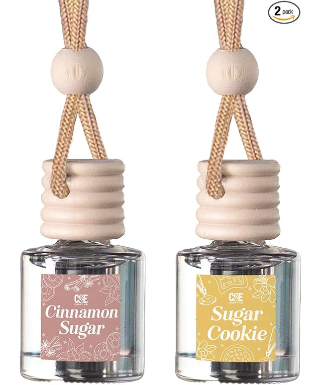 C&E Craft Co Hanging Car Air Freshener Diffuser 2 Pack, Long Lasting Fragrance Oil Car Freshener, Glass Bottle Auto Air Freshener, Made in USA (Cinnamon Sugar + Sugar Cookie)