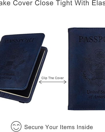 WALNEW Passport Holder for Travel, RFID Passport Cover Wallet for Women Men, PU Leather Passport Book Card Holder Case with Pen (Upgraded, Upgraded-Navy Blue)