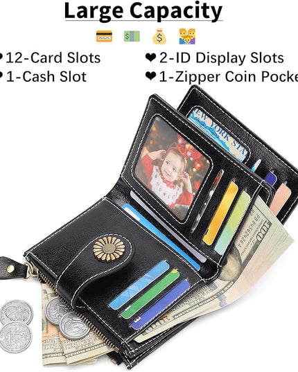 SENDEFN Small Womens Wallet Leather Bifold Card Holder RFID Blocking with Zipper Coin Pocket