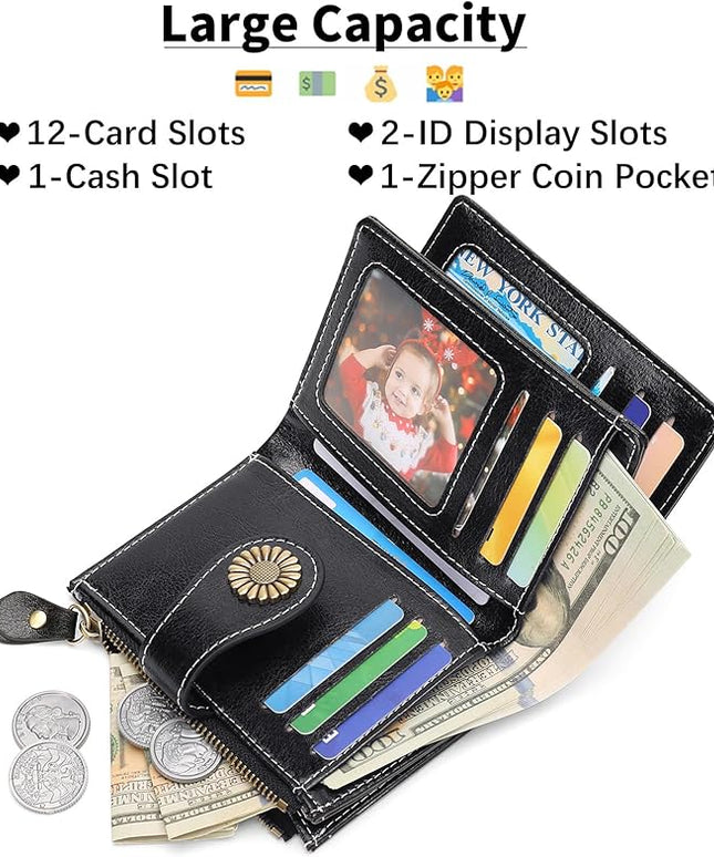 SENDEFN Small Womens Wallet Leather Bifold Card Holder RFID Blocking with Zipper Coin Pocket