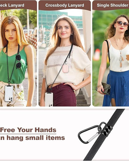 Cell Phone Chain Crossbody Phone Lanyard with 2 Metal Tether Tabs, Adjustable Black Braided Phone Strap and Phone Chain Strap Combination, Cell iPhone Lanyard Crossbody for Women and Men, Black