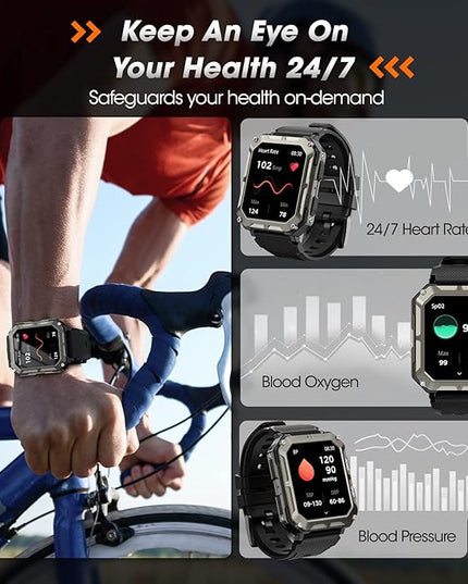 Military Smart Watches for Men (Answer/Make Call), 1.9" Outdoor Sports Fitness Tracker with Heart Rate, Blood Pressure, Sleep Monitor, 100M Waterproof Rugged Smart Watch for Android Phones and iPhone