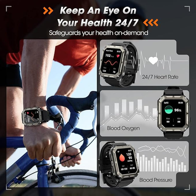 Military Smart Watches for Men (Answer/Make Call), 1.9" Outdoor Sports Fitness Tracker with Heart Rate, Blood Pressure, Sleep Monitor, 100M Waterproof Rugged Smart Watch for Android Phones and iPhone