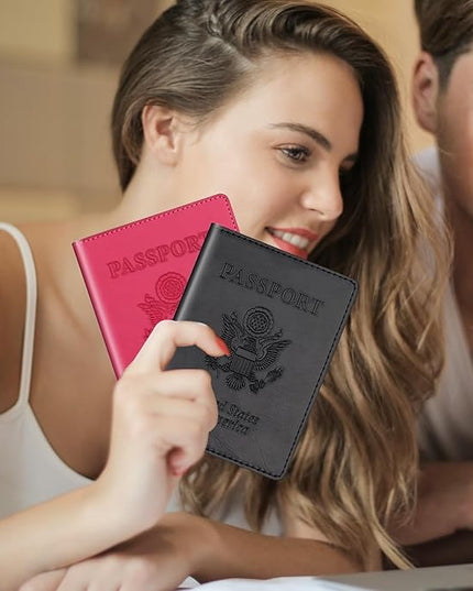 Passport Holder 2Pcs, Passport Cover Wallet Case for Women Men Family, Passports Book Holders Travel Must Haves Cruise Ship Essentials (Black & Rose Red)