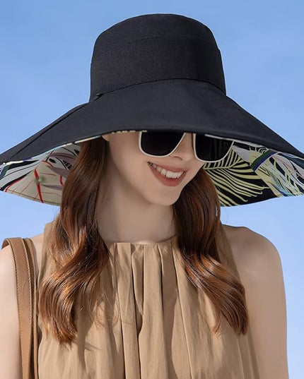 HUAMULAN Women Summer Sun Hat Wide Brim Wired Edge Floral Beach Bucket Hats Reversible Foldable Travel UV Protection Lady Hat