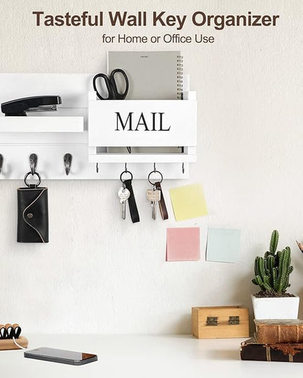 Lwenki Mail Organizer for Wall Mount – Key Holder with Shelf Includes Letter Holder and Hooks for Hallway Farmhouse Decor – Rustic Wood with Flush Mounting Hardware (16.5” x 9.1” x 3.4”) (White)
