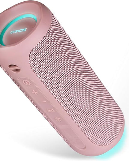 SOWO Outdoor Wireless Portable Bluetooth Speaker, IPX7 Waterproof Speaker, 25W Loud Sound, Bassboom Technology, TWS Pairing, 16H Playtime with Lights - Pink