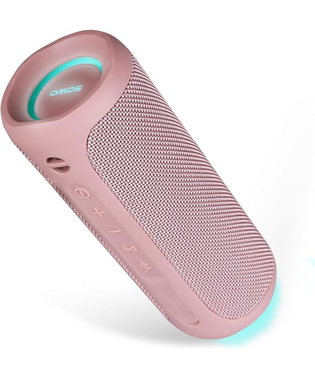 SOWO Outdoor Wireless Portable Bluetooth Speaker, IPX7 Waterproof Speaker, 25W Loud Sound, Bassboom Technology, TWS Pairing, 16H Playtime with Lights - Pink
