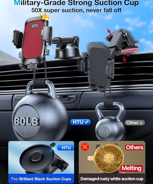 HTU 𝟐𝟎𝟐𝟔 𝐔𝐩𝐠𝐫𝐚𝐝𝐞𝐝【True Military-Grade】 Car Phone Holder【Safety Certs & No Smell】 Cell Phone Holder for Car Mount for Dashboard Windshield Air Vent Long Arm Thick Case,Red