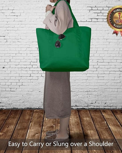 TOPDesign 3-Pack Canvas Tote Bags with an External Pocket, Reusable Grocery Shopping Bags, Top Zipper Closure, Daily Essentials (Green)