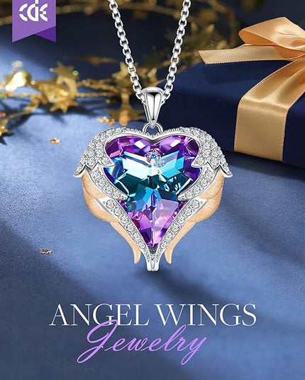 CDE Christmas Gifts for Women Angel Wings Necklace for Women with Birthstone, Love Heart Silver Tone/Gold Tone Pendant, Ideal Anniversary or Birthday Jewelry Gifts for Wife Girlfriend Her