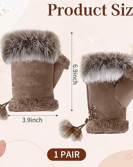 SATINIOR Women Fur Fingerless Gloves Winter Rabbit Fur Lined Half Finger Mittens for Women Girls Teen Working Writing