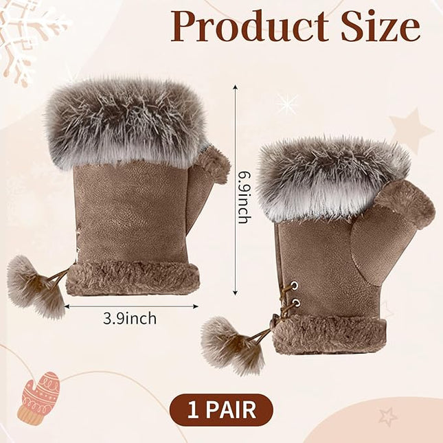 SATINIOR Women Fur Fingerless Gloves Winter Rabbit Fur Lined Half Finger Mittens for Women Girls Teen Working Writing