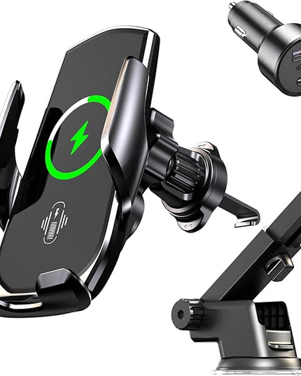 15W Fast Wireless Car Charger, Auto-Clamping Black Car Phone Holder with Strong Suction Cup,360°Adjustable Dashboard/Windshield Mount for iPhone17-11&Samsung S Series Essential Car Accessories
