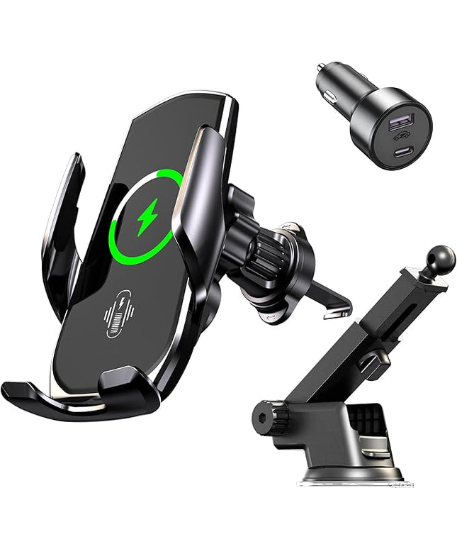 15W Fast Wireless Car Charger, Auto-Clamping Black Car Phone Holder with Strong Suction Cup,360°Adjustable Dashboard/Windshield Mount for iPhone17-11&Samsung S Series Essential Car Accessories