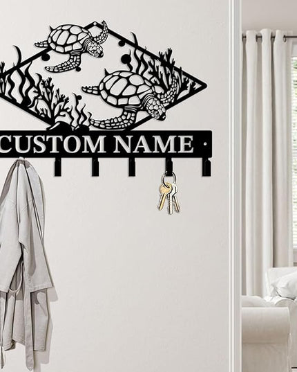Casebrick Custom Sea Turtle Metal Wall Hooks,Key Holder-Personalized Iron Wall Decor for Keys, Coats & Home Organization (Black, Handmade,Decorative for Entryway, Beach,Bedroom,Office) (Style G)