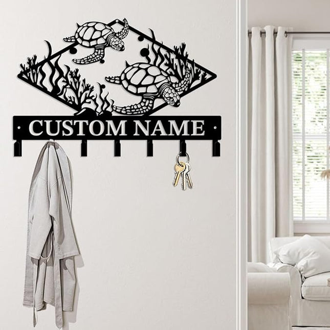 Casebrick Custom Sea Turtle Metal Wall Hooks,Key Holder-Personalized Iron Wall Decor for Keys, Coats & Home Organization (Black, Handmade,Decorative for Entryway, Beach,Bedroom,Office) (Style G)