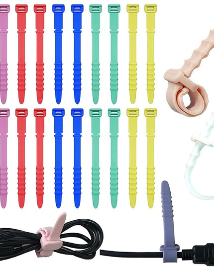 Silicone Zip Ties, Reusable Zip Ties, 20pcs Rubber Cable Ties Straps for Wire Management, Elastic Silicone Ties Cable Organizer for Home Office, 4.5" Multi Color Cord Ties