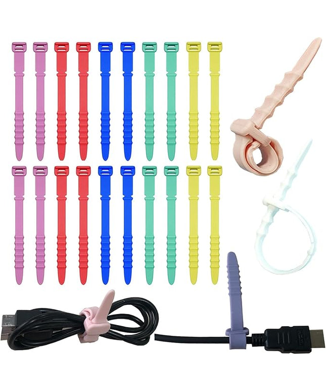 Silicone Zip Ties, Reusable Zip Ties, 20pcs Rubber Cable Ties Straps for Wire Management, Elastic Silicone Ties Cable Organizer for Home Office, 4.5" Multi Color Cord Ties