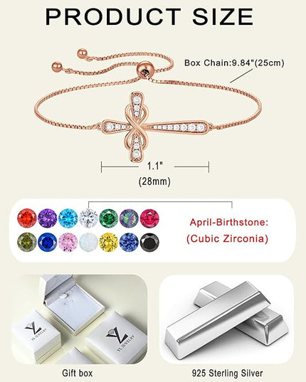 YL Cross Bracelet 925 Sterling Silver Infinity Sideways Link Bracelet Birthstone Jewelry for Women