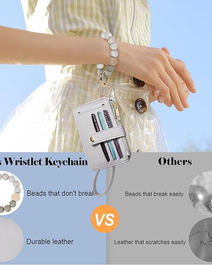 Keychain Wallet with Bracelet RFID Blocking Wristlet Credit Purse Card Holder, Silicone Bead Tassel Key Ring for Women